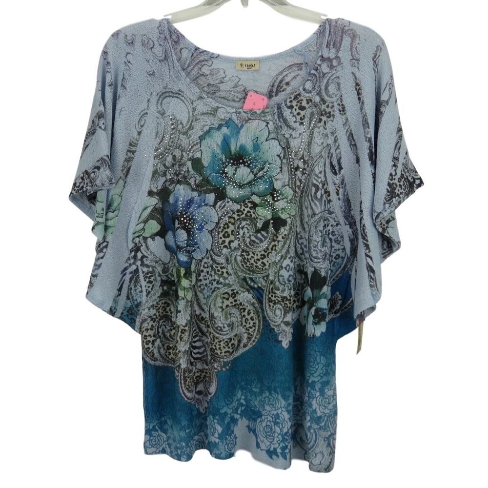Cactus Top Tunic Women Size Small Floral Sequined Winged Sleeve Blue Multi - Picture 2 of 4